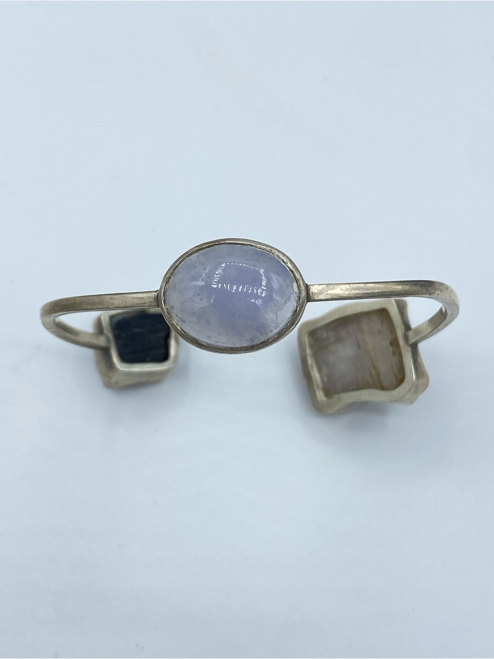 Silver Chalcedony Black Tourmaline Cuff Bracelet